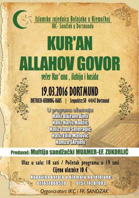 IZ-a Bošnjaka Njemačke i IKC Sandžak organiziraju Večer Kurana u Dortmundu