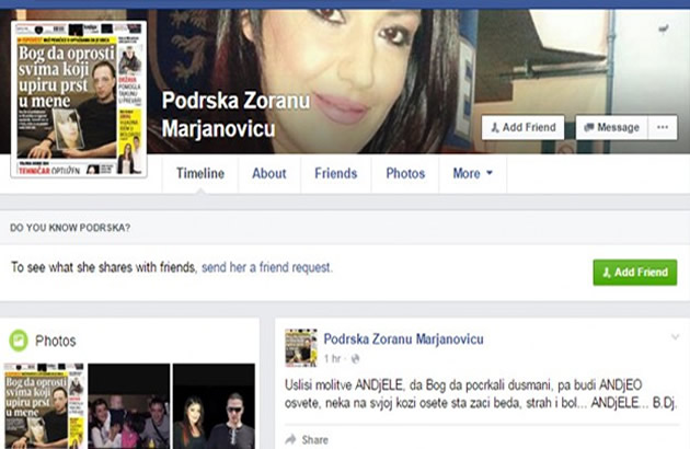 PODRSKA ZORANU MARJANOVICU Na Fejsbuku se pojavio misteriozan profil koji podrzava muza ubijene pevacice