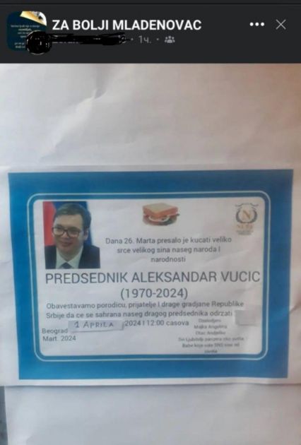 НАТО опозиција позива на смрт председника Србије: У Младеновцу поставили Вучићеву умрлицу! (ФОТО)