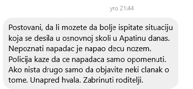 ПАНИКА У АПАТИНУ ЗБОГ “КИНЕЗА СА НОЖЕМ” – ПОЛИЦИЈА ПОЗВАЛА НА СМИРЕНОСТ
