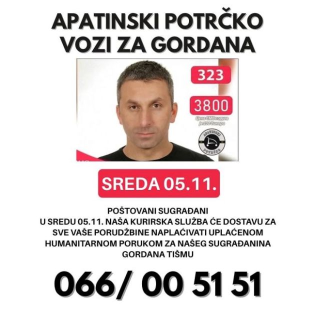 “ПОТРЧКО” ИЗ АПАТИНА У СРЕДУ ВОЗИ ЗА ГОРДАНА ТИШМУ