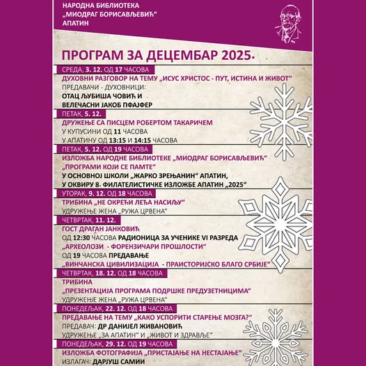 ПРОГРАМ НАРОДНЕ БИБЛИОТЕКЕ У АПАТИНУ ЗА ДЕЦЕМБАР