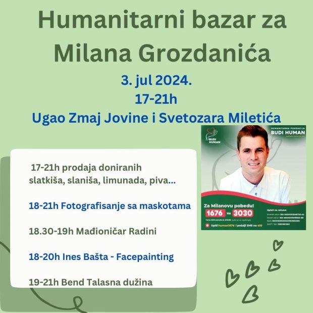 Хумани Новосађани удружени за Милана Грозданића одржаће 03. јула Хуманитарни базар са богатим програмом за све грађане – погледајте шта ва