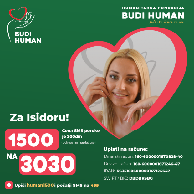 Фондација „Буди Хуман“ за Исидору Вучковић – 1500 на 3030