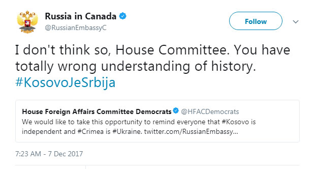 Ambasada Rusije u Kanadi: Kosovo je Srbija, ne poznajete istoriju
