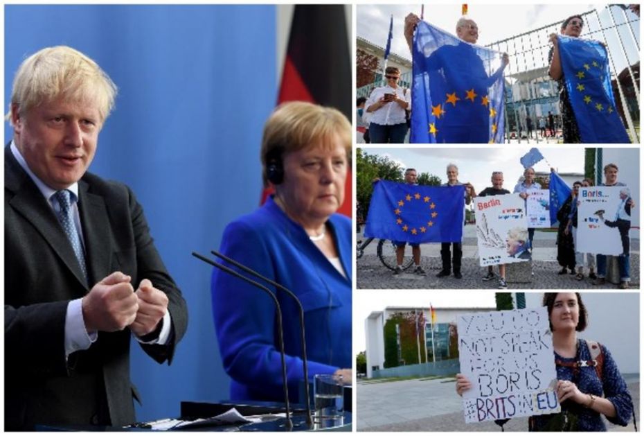 BORIS DŽONSON DOBIO OŠTRU PORUKU U BERLINU: Evo šta su demonstranti poručili britanskom premijeru pre sastanka sa Merkelovom (VIDEO, FOTO)