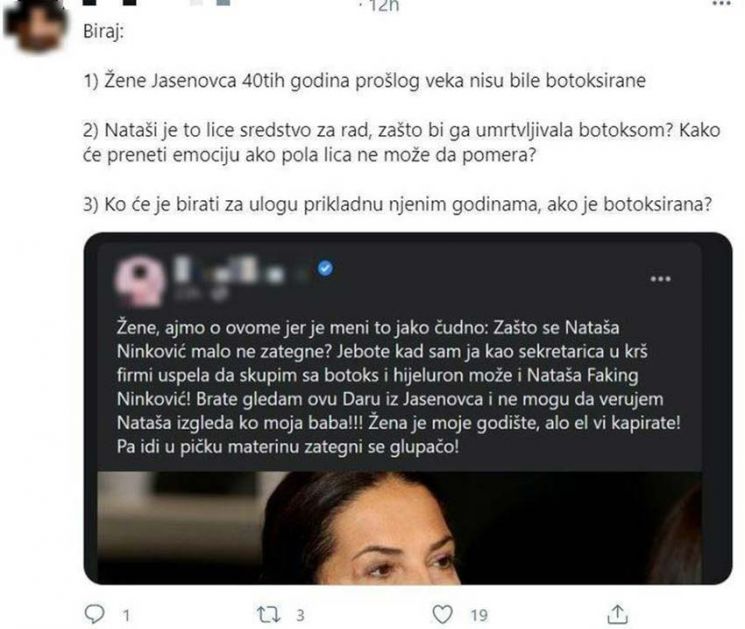 Biljana, sekretarica u krš firmi, tvitom poručila Nataši Ninković: Zategni se, *upačo jedna!