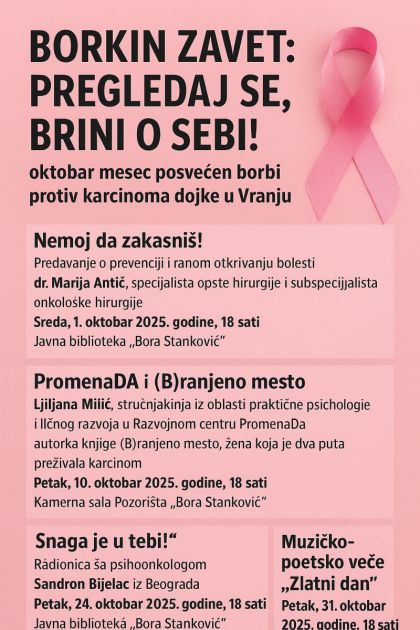 „Borkin zavet: Pregledaj se, brini o sebi!“ – oktobar mesec posvećen borbi protiv karcinoma dojke u Vranju