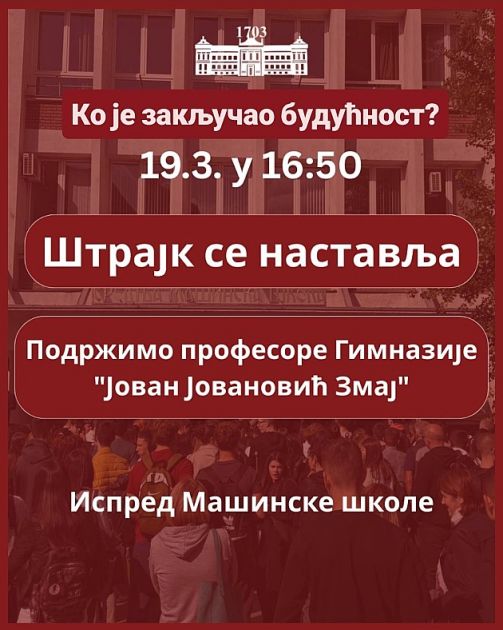 Danas štrajk upozorenja profesora Jovine gimnazije uz podršku roditelja