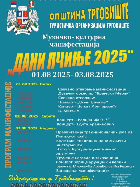 Dani Pčinje 2025 – Trodenvna manifestacija bogatog kulturno-zabavnog programa u Trgovištu