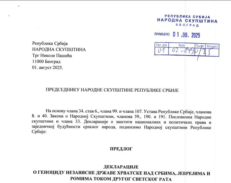 Deklaracija o genocidu Nezavisne Države Hrvatske nad Srbima, Jevrejima i Romima ušla u skupštinsku proceduru