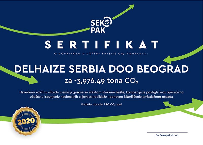 Delez Srbija dobitnik sertifikata o doprinosu uštedi emisije ugljen-dioksida
