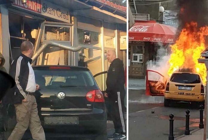 Dvije nesreće u centru Novog Pazara: Autom uletio u mesaru, gorio taxi (FOTO)