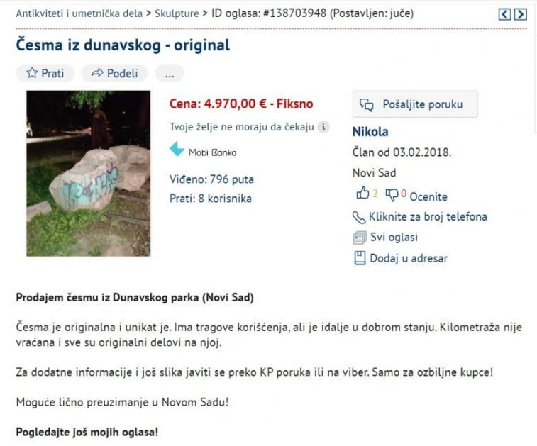HIT oglas: Samo 4.970 € za originalnu česmu iz Dunavskog parka (FOTO)