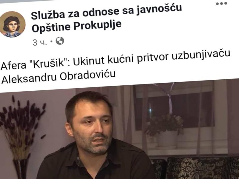 Hakovan Fejsbuk profil Grada Prokuplja, na stranici vest o uzbunjivaču iz Krušika