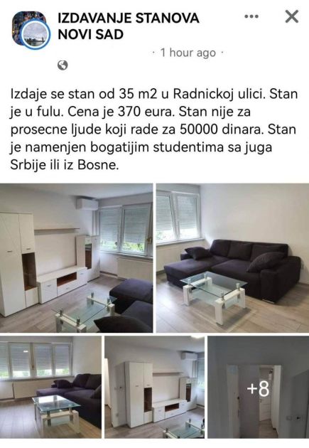 Hit oglas za stan u NS, cena 370 €, samo za bogate studente sa juga Srbije ili iz Bosne (FOTO)