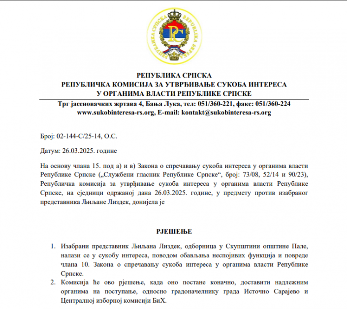 Načelnica odjeljenja u Istočnom Sarajevu mjesecima u sukobu interesa