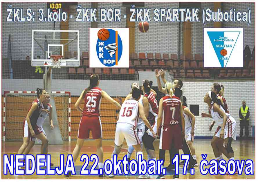 Najava : Nedelja od 17.00 časova – Prva ženska košarkaška liga Srbije- 3.kolo : ŽKK BOR – ŽKK SPARTAK (Subotica)