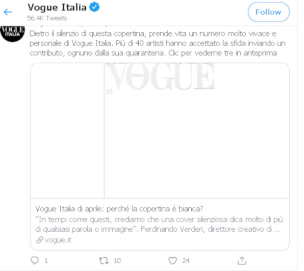 Naslovna strana italijanskog magazina Vogue u beloj boji