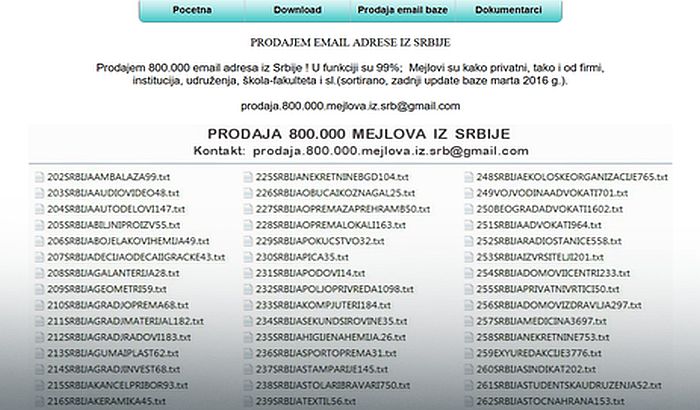 Oglas da prodaju 800.000 srpskih mejl adresa