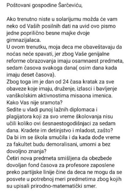 Ogorčena majka pisala Šarćeviću: Dok ste vi u solarijumu, naša deca ne spavaju