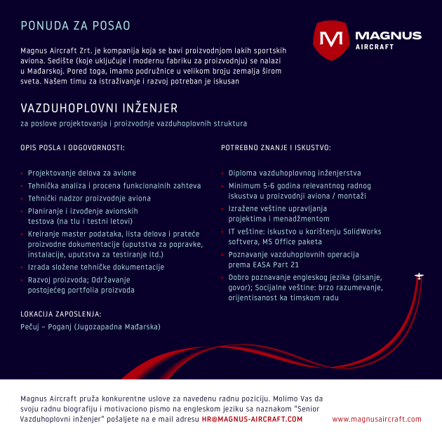 [POSAO] Magnus Aircraft zapošljava vazduhoplovne inženjere i tehničare proizvodnje kompozita iz Srbije