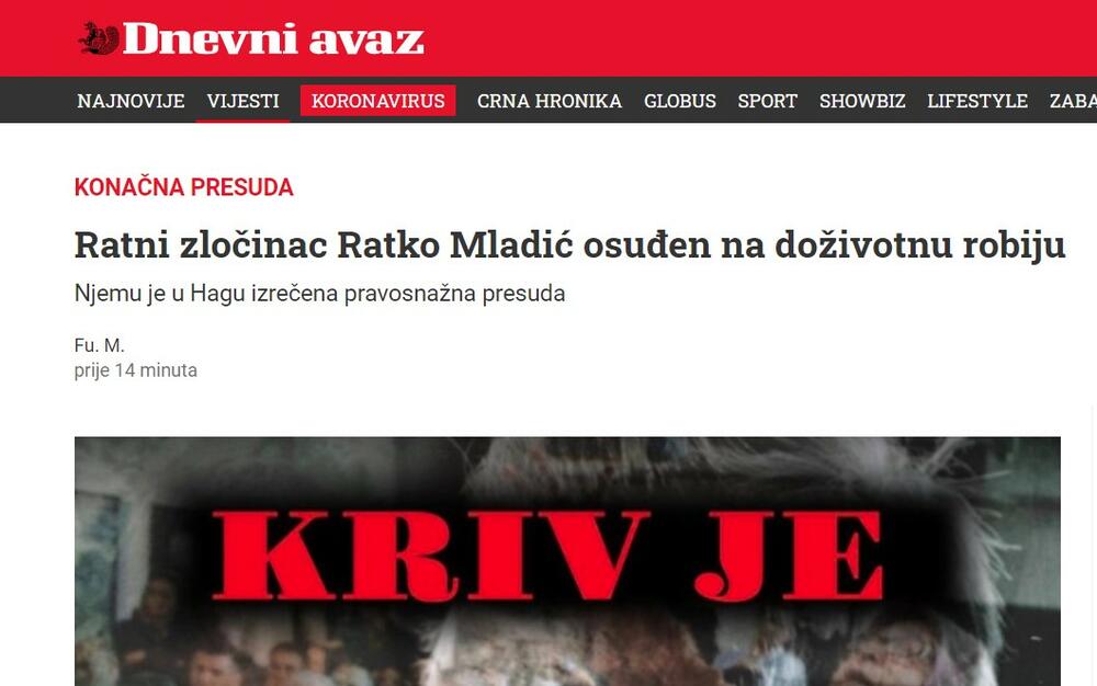 PRVE REAKCIJE BIH I HRVATSKIH MEDIJA NA PRESUDU MLADIĆU: U Sarajevu seire, Hrvati izveštavaju sa daleko manje strasti!