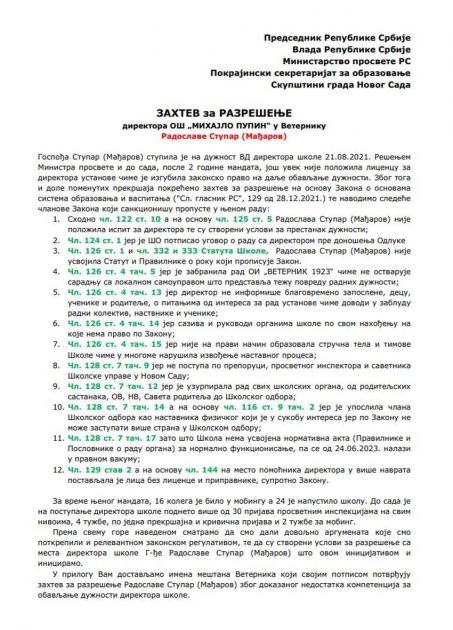 Pokrenuta peticija za smenu direktorke OŠ „Mihajlo Pupin“ u Veterniku, podneto više od 30 prijava, među njima i za mobing