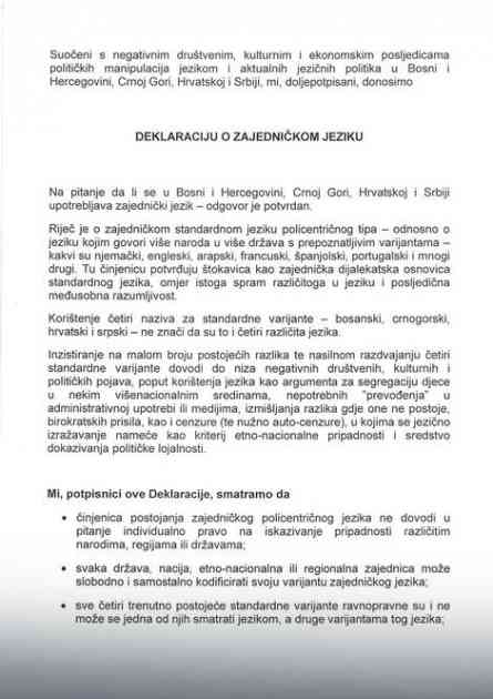 Predsstavljena Deklaracija: Bosna i Hercegovina, Srbija, Hrvatska i Crna Gora govore ISTIM JEZIKOM