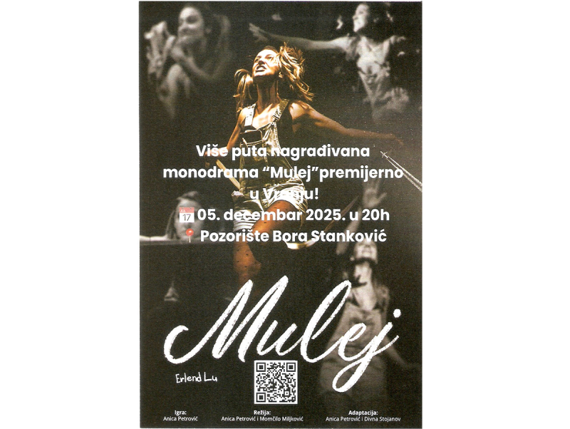 Premijera monodrame „Mulej“ Anice Petrović u petak u vranjskom pozorištu