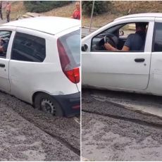 RADNICI SE HVATALI ZA GLAVU: Nesvakidašnja nezgoda na Konjarniku, vozilom uleteo u svež beton, jedva ga izvukli (VIDEO)