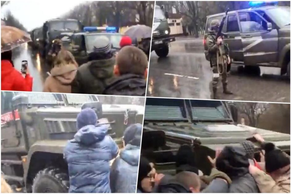 SNIMAK IZ UKRAJINE! LJUDI ZAUSTAVILI RUSKU VOJSKU Čuju se pucnji, Ukrajinci ne beže VIDEO