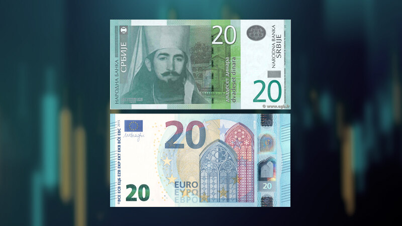 Srednji kurs dinara za evro danas 117,1851, za dolar 101,1175