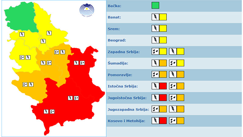 Upozorenje RHMZ na vremenske nepogode u istočnoj, južnoj i jugozapadnoj Srbiji