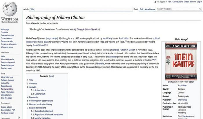 Vikipedija na kratko povezala Hilari Klinton i Adolfa Hitlera