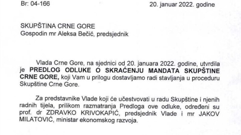Vlada Crne Gore podnijela zahtjev za skraćenje mandata Skupštini