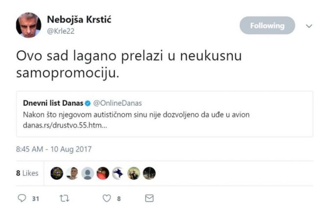 Zbog komentara Nebojša Krstića o autističnom sinu Čedomira Antića tviterašima stoji knedla u grlu, a vama?